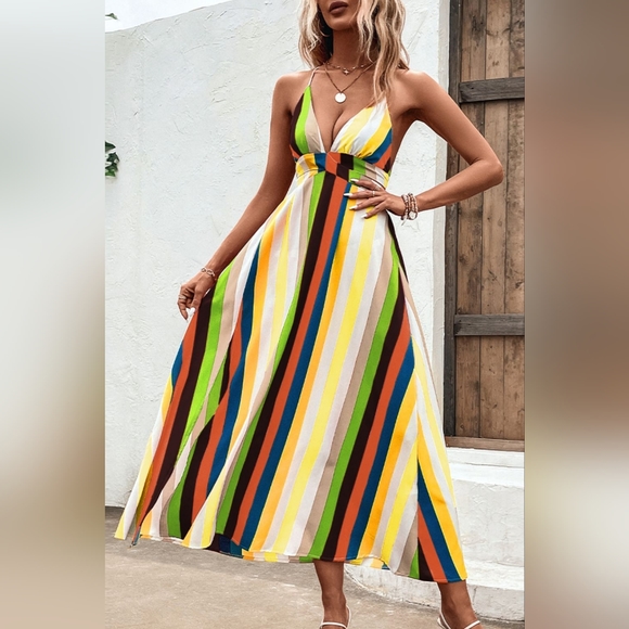 Dresses & Skirts - Bright Colorful Stripe Cross Tie Open Back Split Leg Maxi Dress Flowing Resort